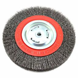 Forney 8 in. Wide Face Crimped Wire Bench Wheel Brush, 1/2 in. and 5/8 in. Arbor thumbnail 1