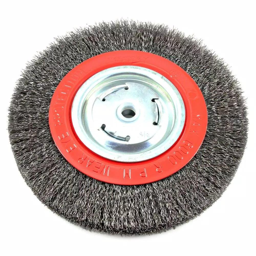 Forney 8 in. Wide Face Crimped Wire Bench Wheel Brush, 1/2 in. and 5/8 in. Arbor