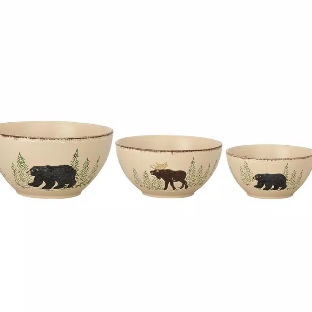 Park Designs Rustic Retreat 3-Piece Ceramic Mixing and Serving Bowl Set with Sgraffito Design