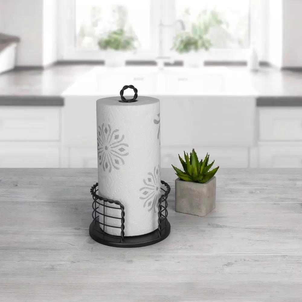 Spectrum Everly Braided Steel Paper Towel Holder, Black Farmhouse Kitchen Decor