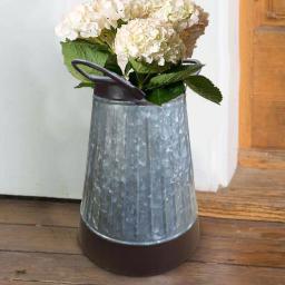 Benjara Gray and Brown Galvanized Metal Corrugated Decorative Flower Vase with Curved Side Handles thumbnail 8