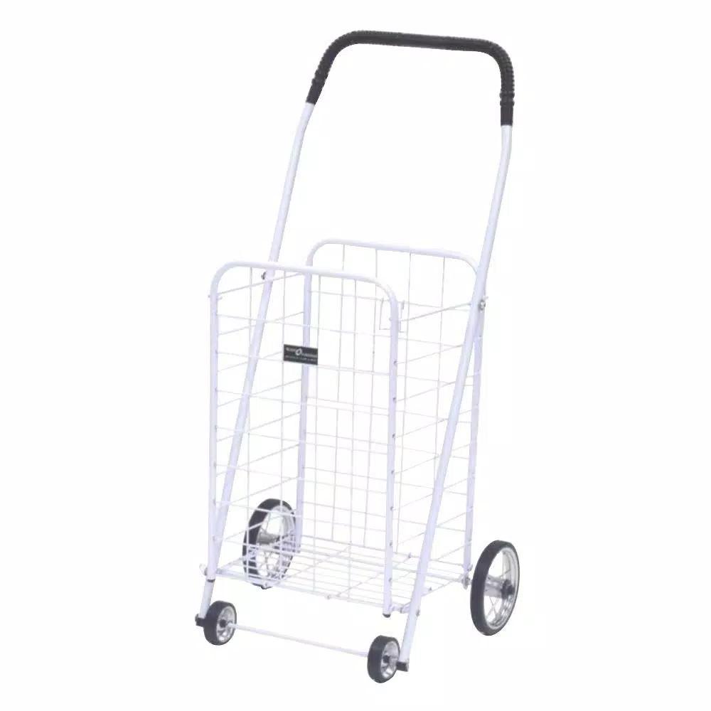 Easy Wheels Mini Shopping Cart, Heavy Duty Steel Folding Utility Cart with Chrome Spoked Wheels, White