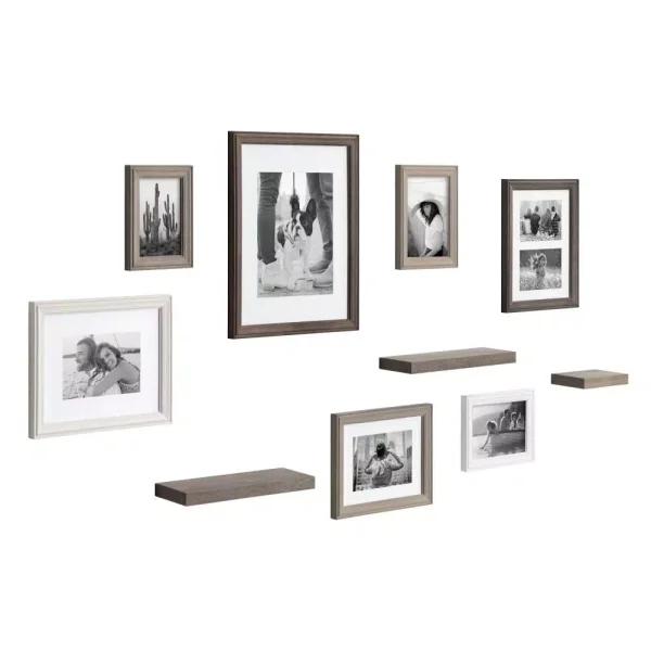 Kate and Laurel Bordeaux Rustic Farmhouse Gallery Wall Frame and Shelf Set, 10-Piece Multi/Gray Wood Collection