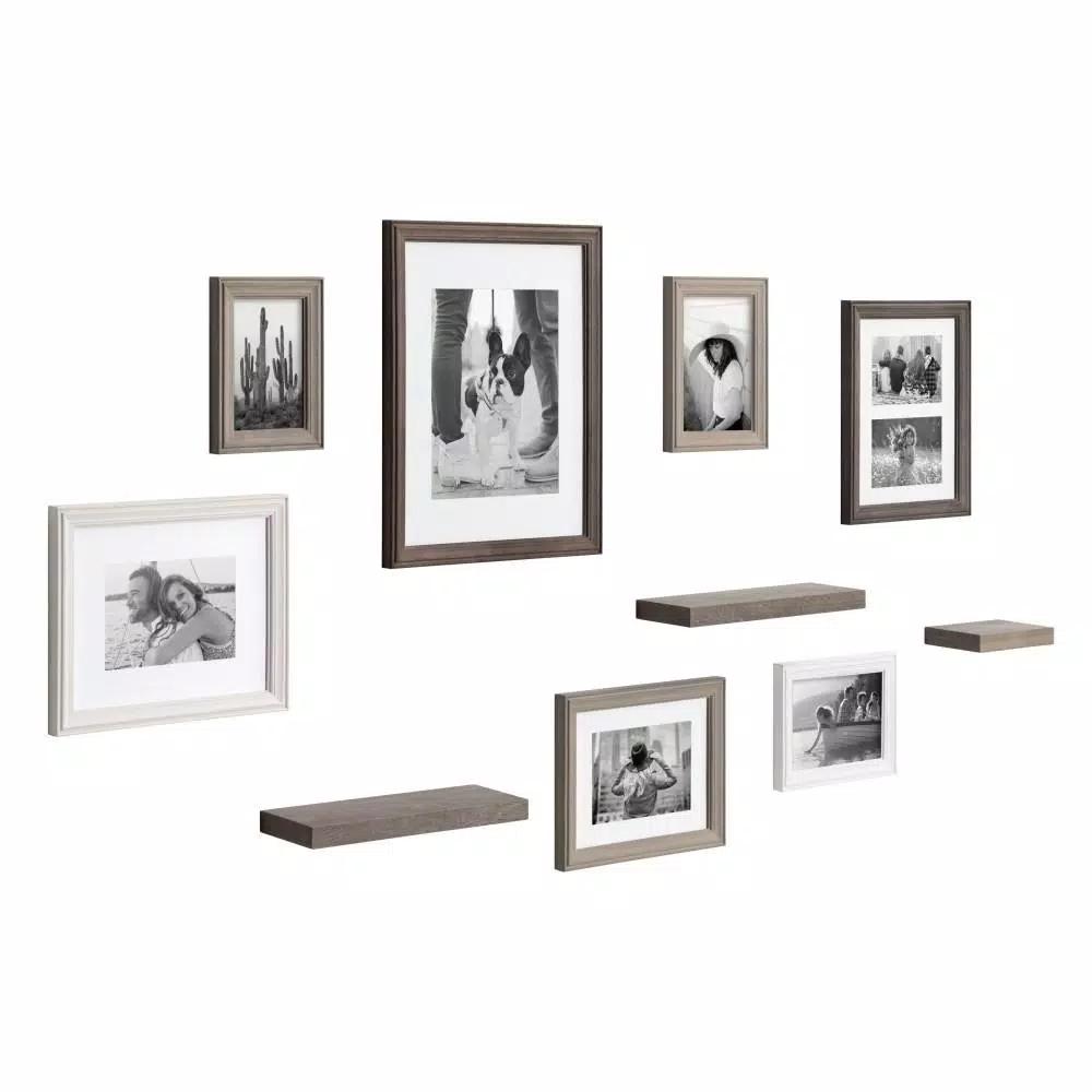 Kate and Laurel Bordeaux Rustic Farmhouse Gallery Wall Frame and Shelf Set, 10-Piece Multi/Gray Wood Collection