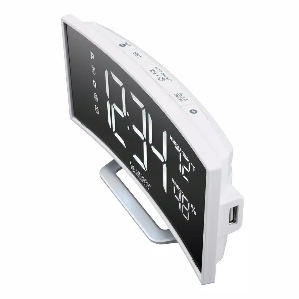 La Crosse Technology Curved Mirror LED Digital Alarm Clock with Temperature, Humidity, and USB Charging Port