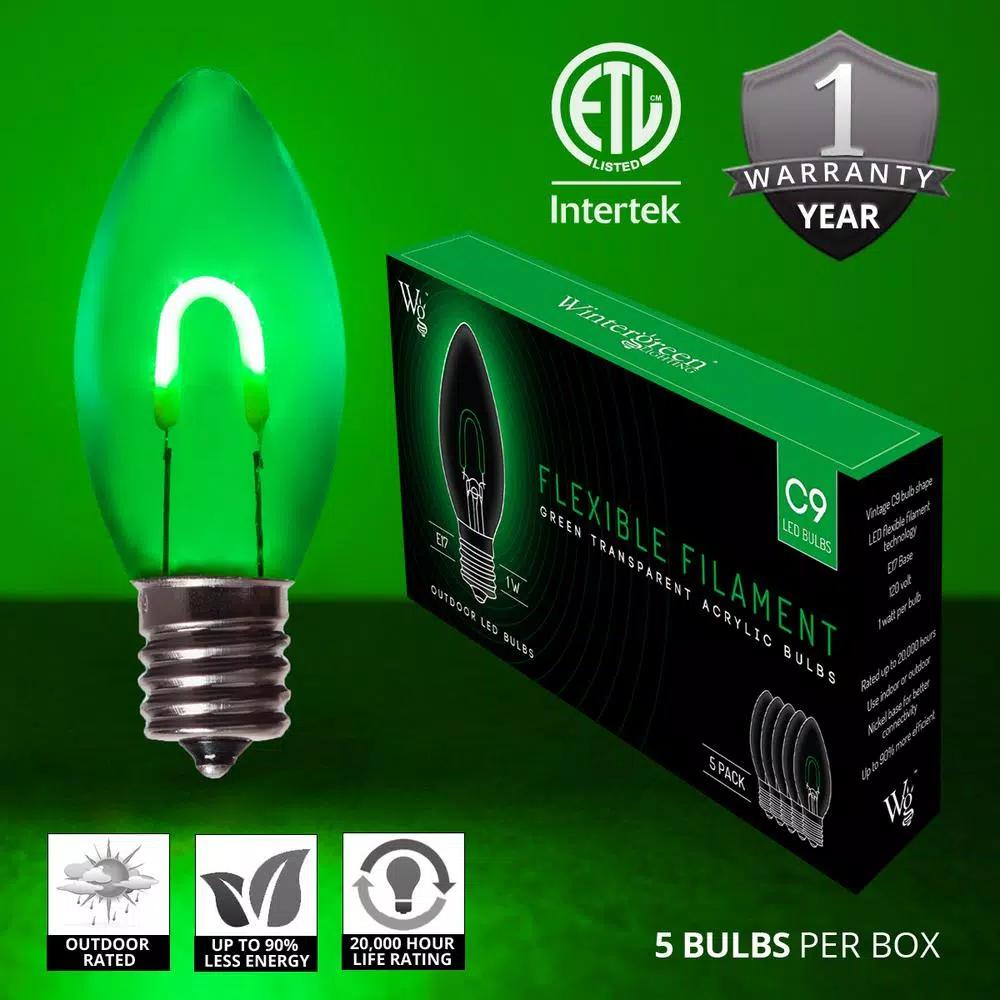 Wintergreen Lighting FlexFilament C9 LED Shatterproof Green Vintage Edison Replacement Bulbs (5-Pack)