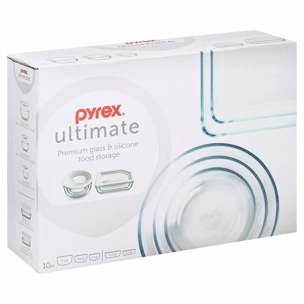 Pyrex Ultimate 10-Piece Glass Food Storage Set with Oven-Safe Glass Lids and White Silicone Rims