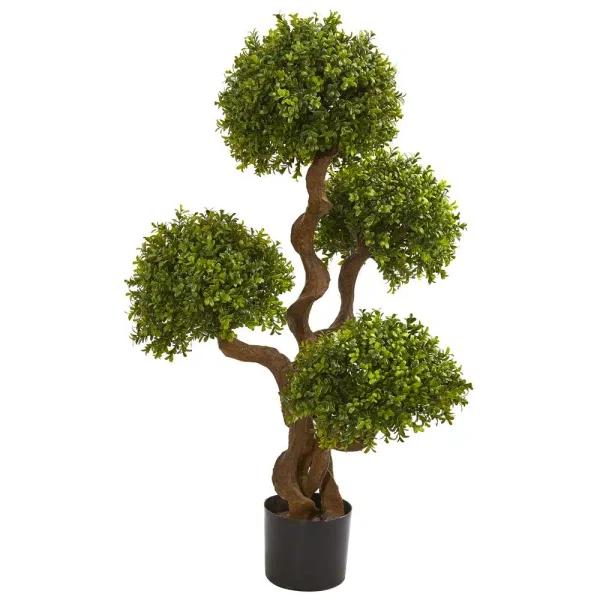 Nearly Natural 3.5 Ft. Four Ball Boxwood Artificial Topiary Tree with Black Planter