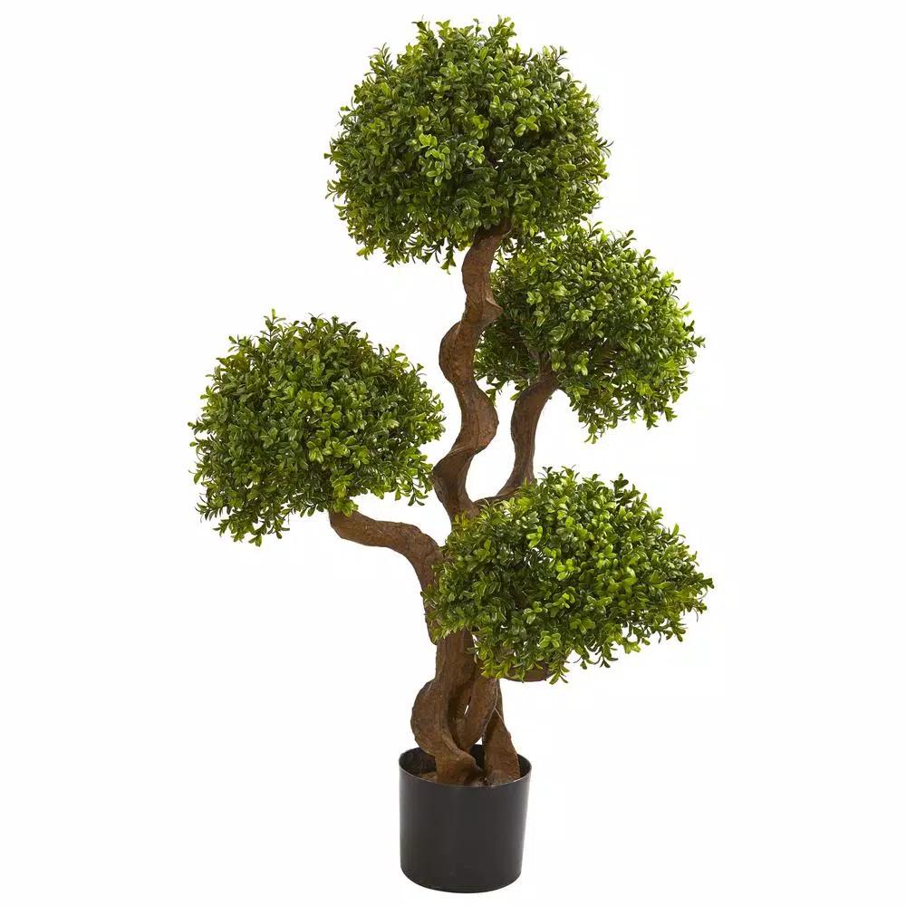 Nearly Natural 3.5 Ft. Four Ball Boxwood Artificial Topiary Tree with Black Planter