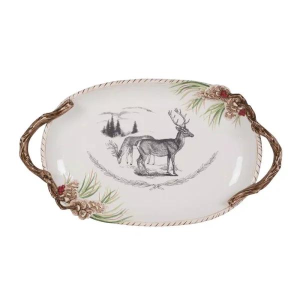 FITZ and FLOYD 20 in. Forest Frost Holiday Platter - Oval Earthenware Christmas Serving Platter