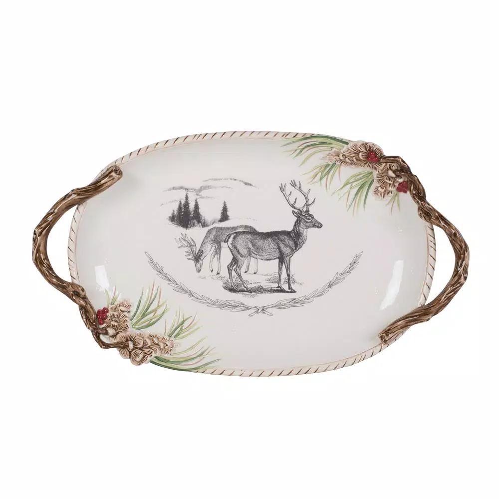 FITZ and FLOYD 20 in. Forest Frost Holiday Platter - Oval Earthenware Christmas Serving Platter