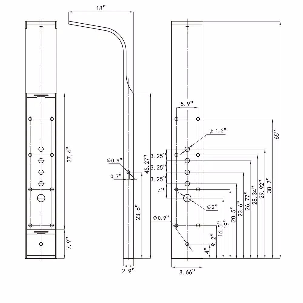AKDY 65 in. Stainless Steel 8-Jet Shower Panel System with Rainfall Head, Handshower & Tub Spout