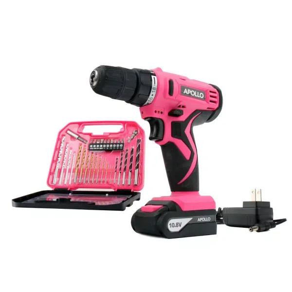 Apollo 10.8V Cordless Drill Driver Kit with 30-Piece Accessory Set, Pink