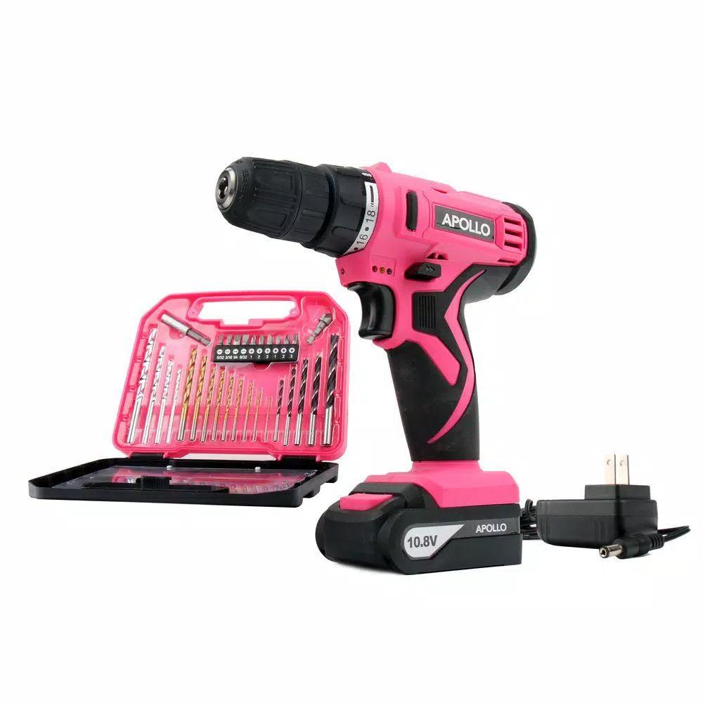 Apollo 10.8V Cordless Drill Driver Kit with 30-Piece Accessory Set, Pink