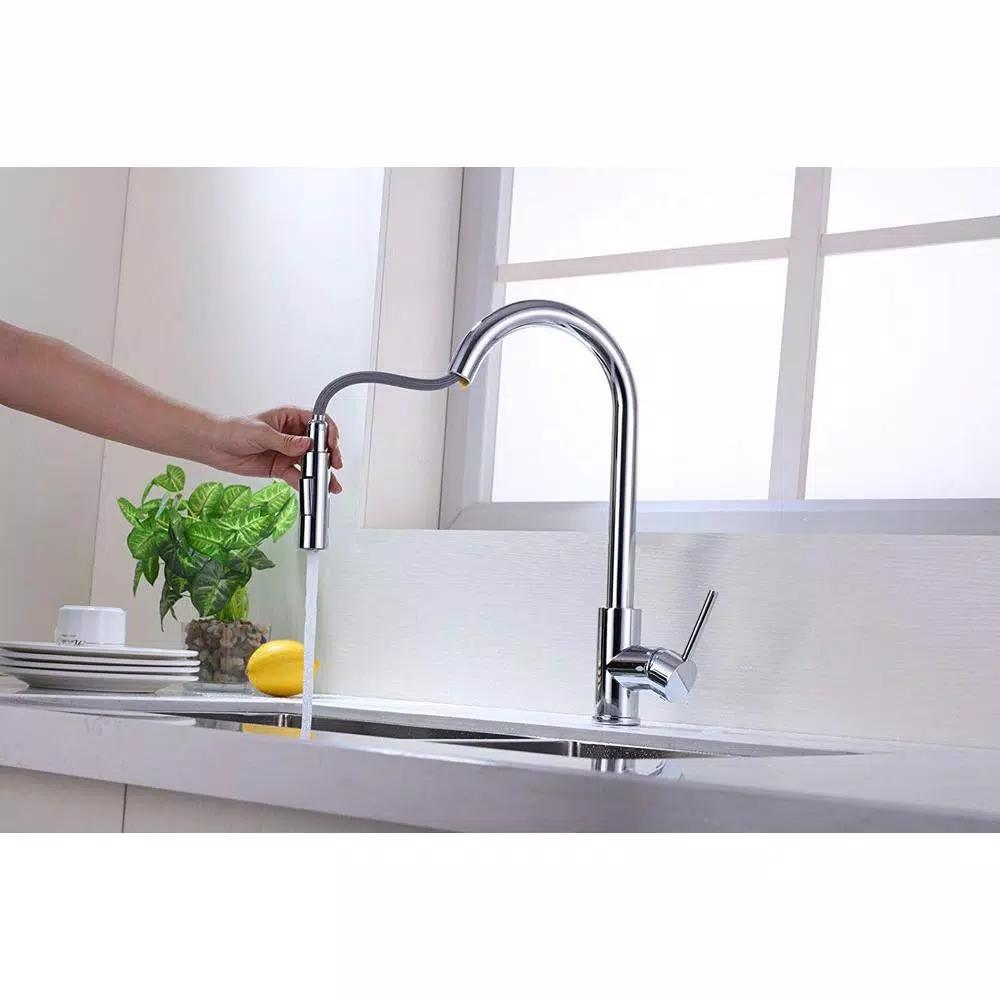 Vanity Art Chrome Single-Handle Pull-Down Kitchen Faucet with 360° Swivel Spout