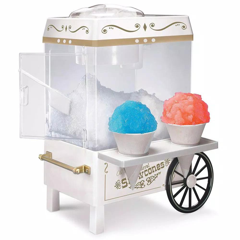 Nostalgia 160 oz. Countertop Snow Cone Maker with Stainless Steel Blades and Reusable Cones - White