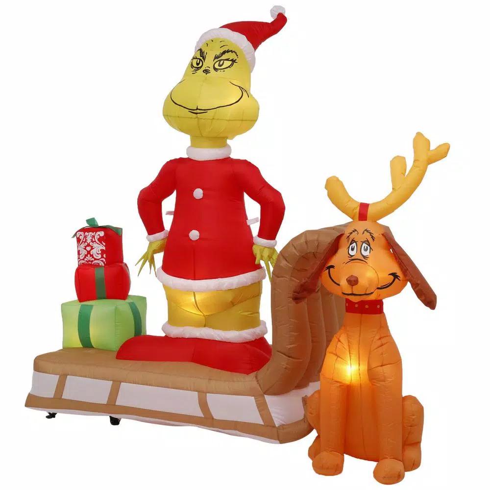 Gemmy 6 ft. Airblown Inflatable Grinch and Max on Sled Holiday Scene with LED Lights