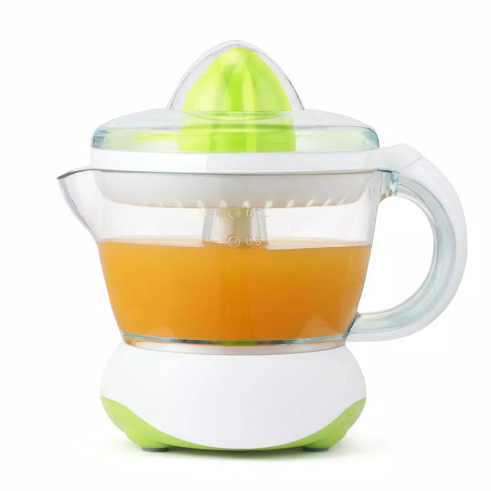 Continental Electric 40W Electric Citrus Juicer, 24 oz. White/Green Juicer with Dust Cover and Easy Pour Spout