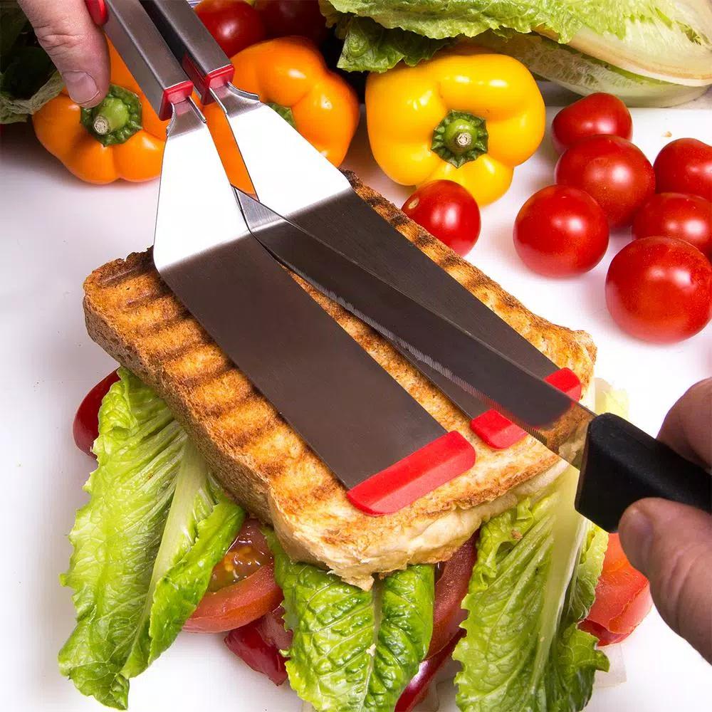 Chefright QuickScoop Brushed Stainless Steel Spatula Tongs with Silicone Edge, Red (Set of 2)