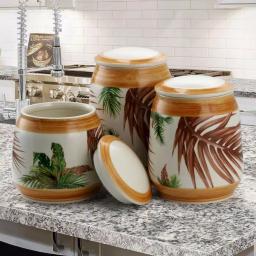 Elama Paradise Palms Sand 3-Piece Ceramic Kitchen Canister Set with Airtight Lids thumbnail 3