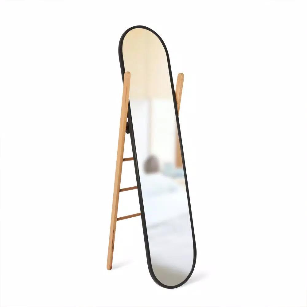 Umbra Modern Black Leaning Floor Mirror with Solid Wood Easel Storage Rack
