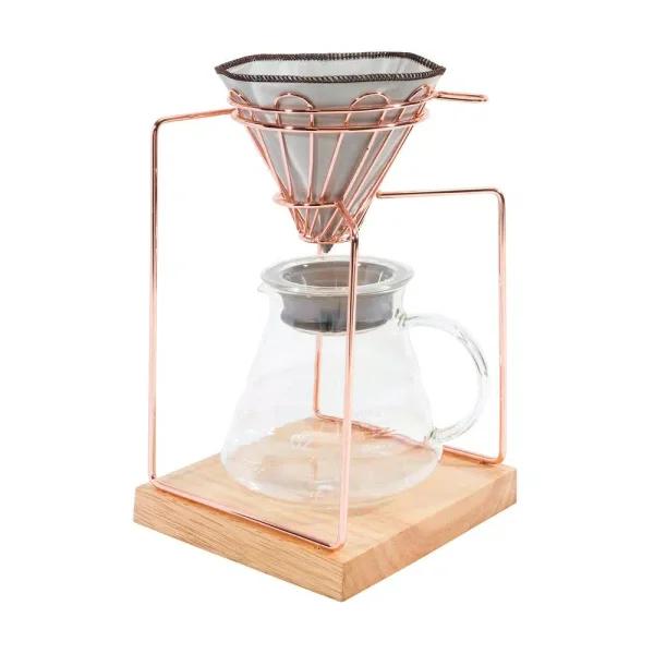 Old Dutch 20oz Stainless Steel Rose Gold Pour Over Coffee Maker Set with Glass Carafe and Rubberwood Base