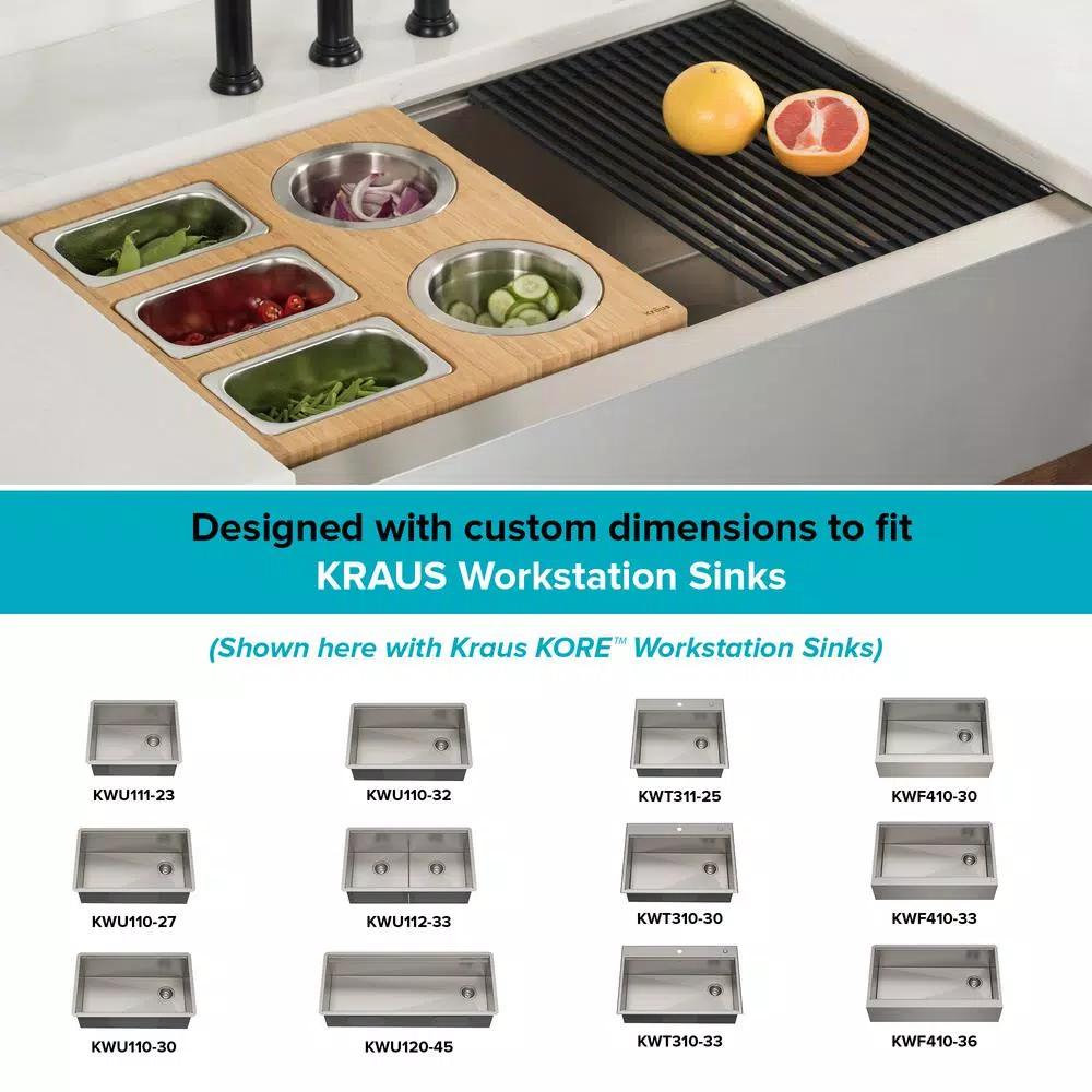 Kraus Workstation Kitchen Sink Accessory Set - Bamboo Serving Board & 5 Stainless Steel Prep Bowls