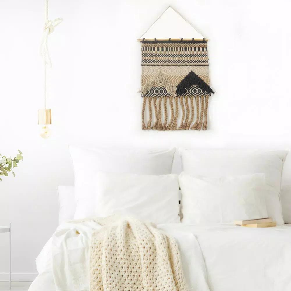 LR Home Trellis Beige and Charcoal Geometric Braided Fringed Wall Tapestry