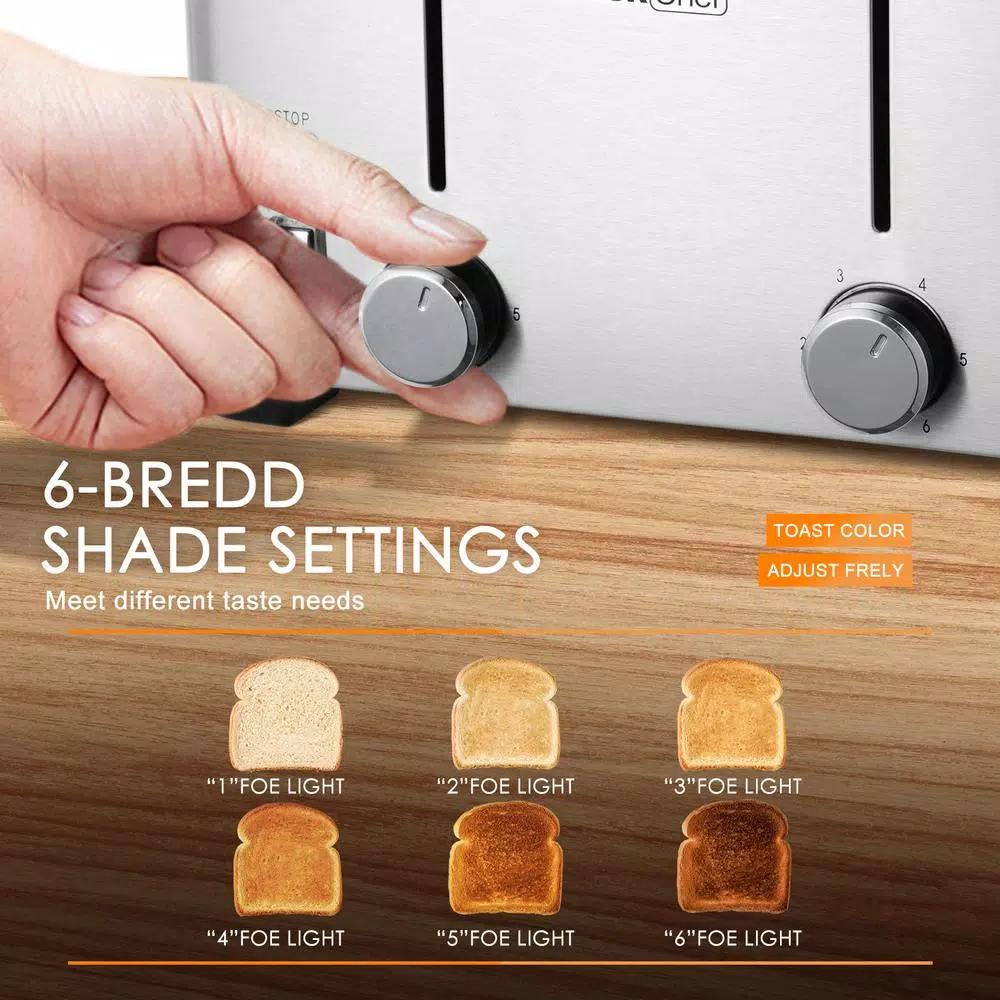 Boyel Living 1500W 4-Slice Wide Slot Silver Toaster with 6 Shade Settings and Removable Crumb Tray