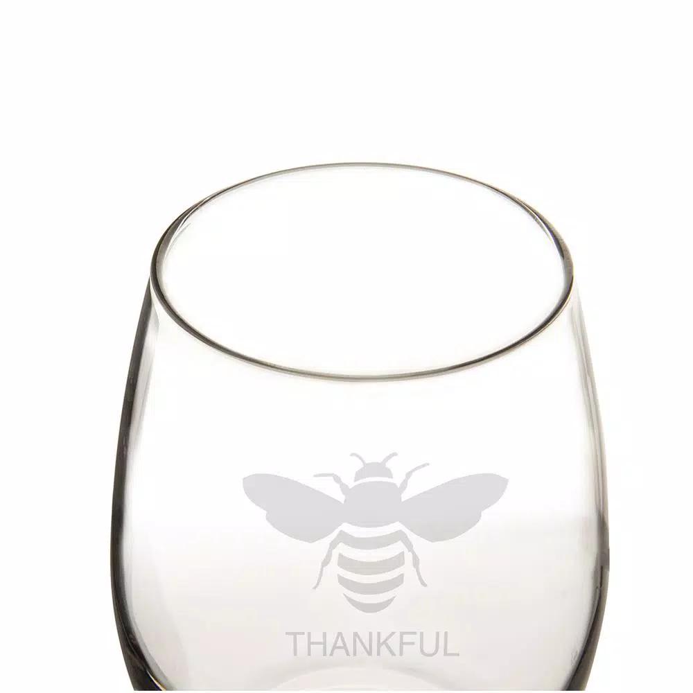 Cathy's Concepts Bee Thankful Stemless Wine Glasses, Set of 4, 21 oz. Hand-Blown Glassware