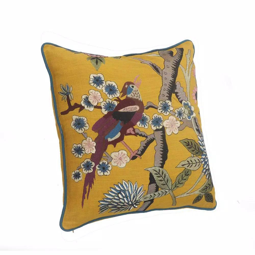 LR Home Scenic Yellow Floral Birds Throw Pillow - 20 x 20 in. Cotton Square Accent Pillow