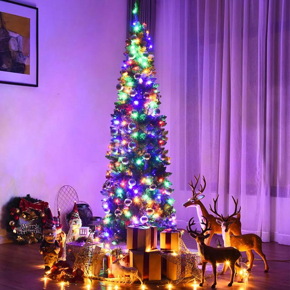 Costway 7.5 ft. Pre-Lit Slim Pencil Artificial Christmas Tree with 350 Multi-Color LED Lights