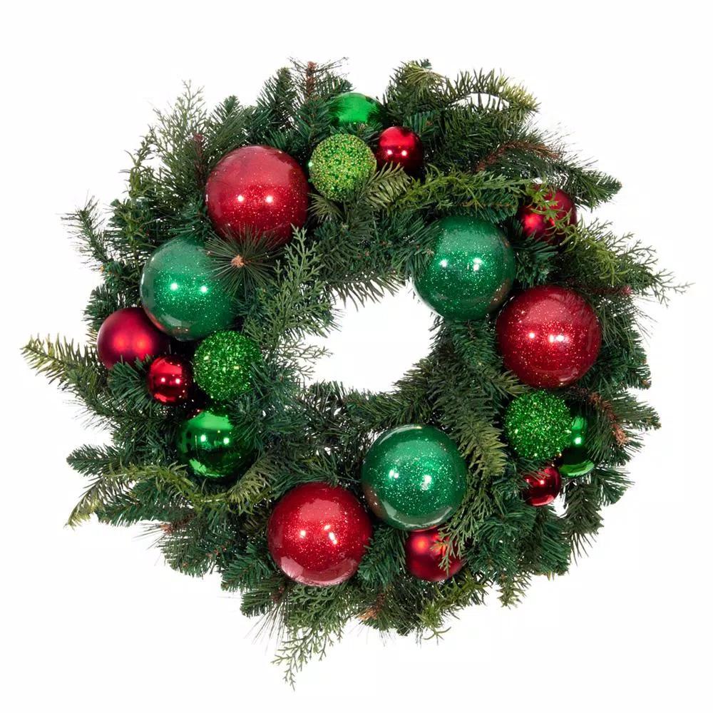 Village Lighting Company 24 in. Red and Green Christmas Cheer Artificial Pine Wreath with Ornaments