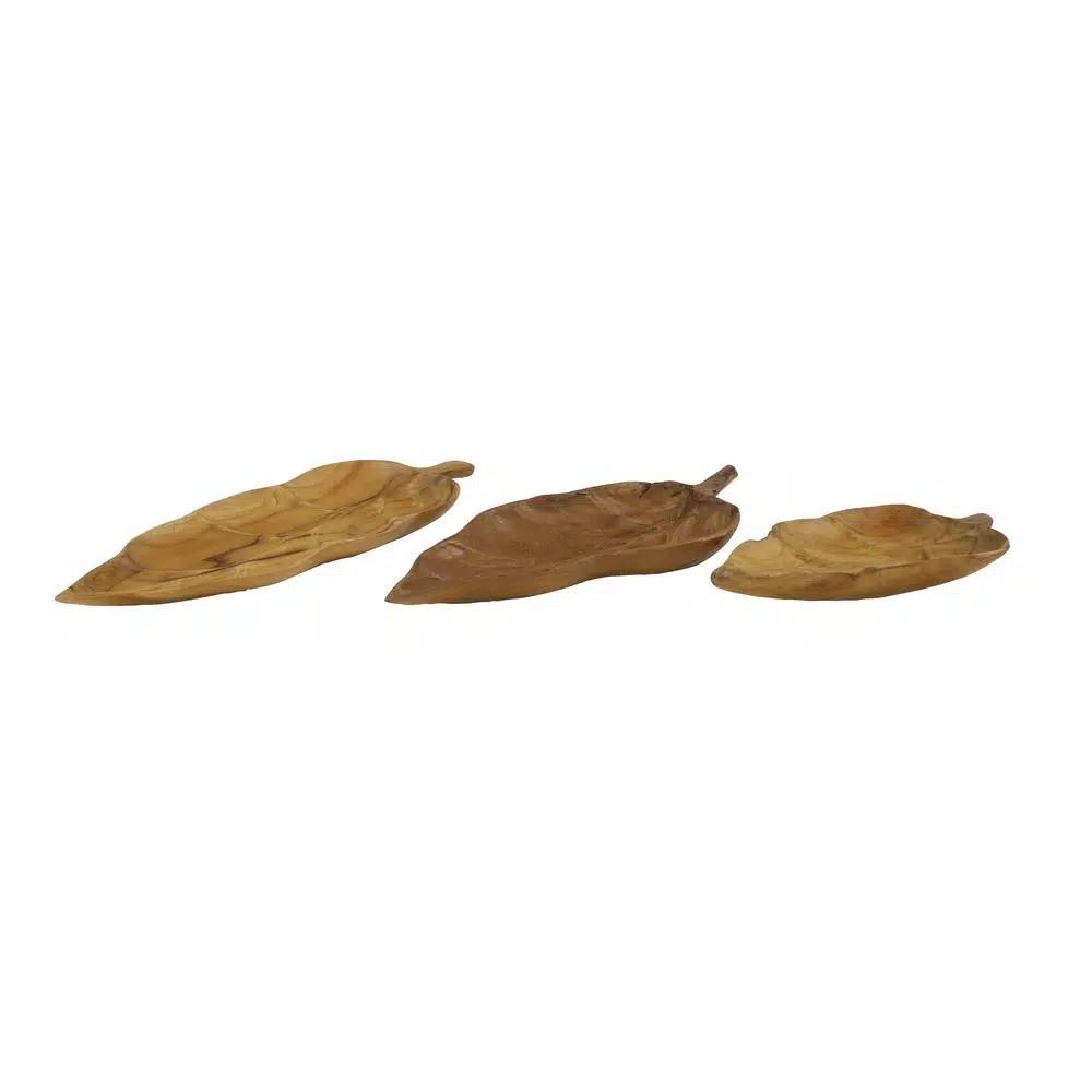 LITTON LANE Large Rustic Leaf-Shaped Natural Teak Wood Serving Trays, Set of 3