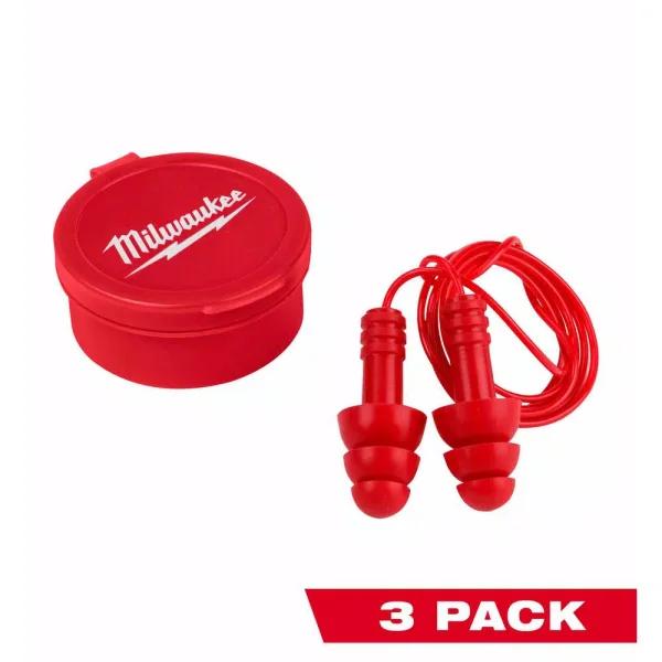 Milwaukee Corded Reusable Red Earplugs, 26 dB NRR (3-Pack)