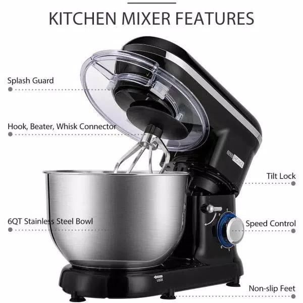 VIVOHOME 650W 6 Qt. Tilt-Head Kitchen Stand Mixer with 6 Speeds and Stainless Steel Bowl, Black