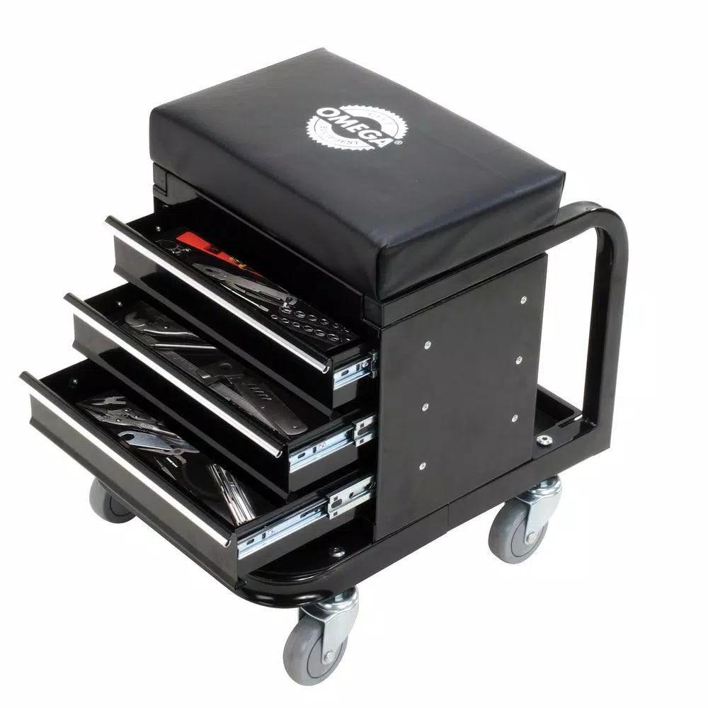 Omega 92450 Heavy Duty Mechanic's Creeper Seat with 3-Drawer Tool Box, 450 lb Capacity