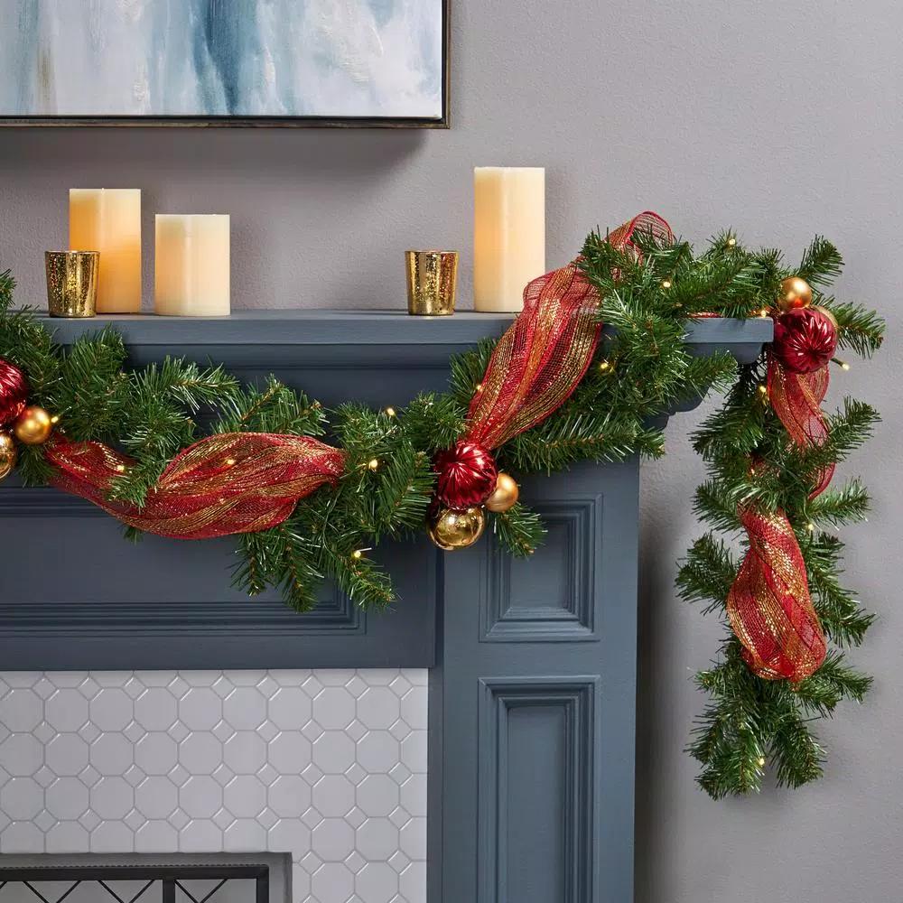 Noble House 9 ft. Pre-Lit Noble Fir Artificial Christmas Garland with Warm White LED Lights, Red and Gold Ornaments