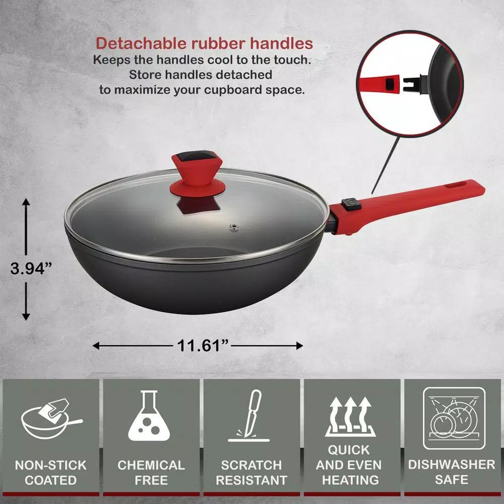 AMERCOOK 11 in. Aluminum Nonstick Wok with Lid and Detachable Handle, Scratch-Resistant Greblon C2+ Coating