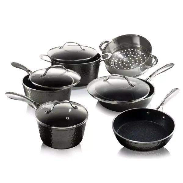 Granitestone 10-Piece Aluminum Hammered Non-Stick Diamond Infused Cookware Set, Pewter