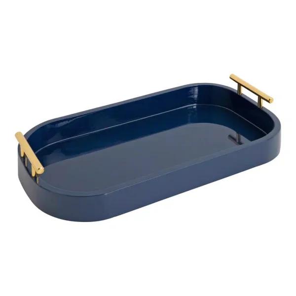 Kate and Laurel Lipton Navy Blue Decorative Wood Tray with Gold Handles