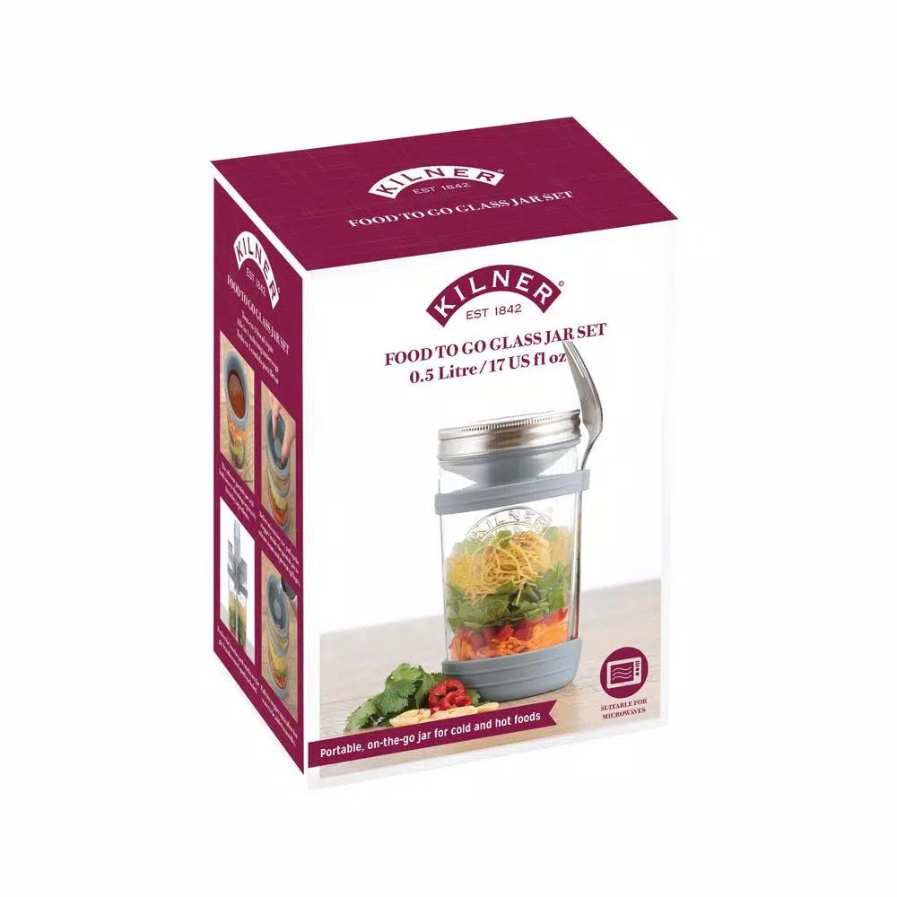 Kilner All In 1 Food To Go Set - 17 oz Wide Mouth Glass Jar with Silicone Garnish Pot & Spork