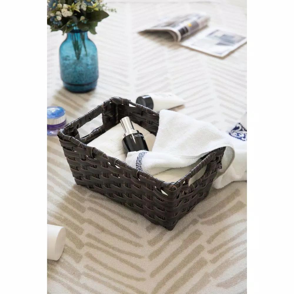 Vintiquewise Black Plastic Wicker Shelf Basket Organizer with Handles