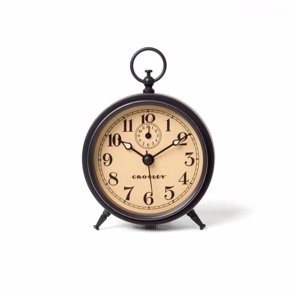 Crosley Vintage Bronze Finial Alarm Clock - Antique Black Metal with Glass Lens