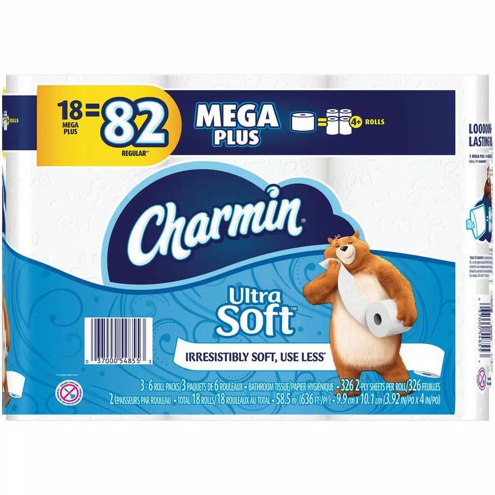 Charmin Ultra Soft Toilet Paper, 18 Mega Plus Rolls, 2-Ply White