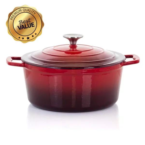 MegaChef 4 Qt. Round Enameled Cast Iron Casserole Dish with Lid, Red