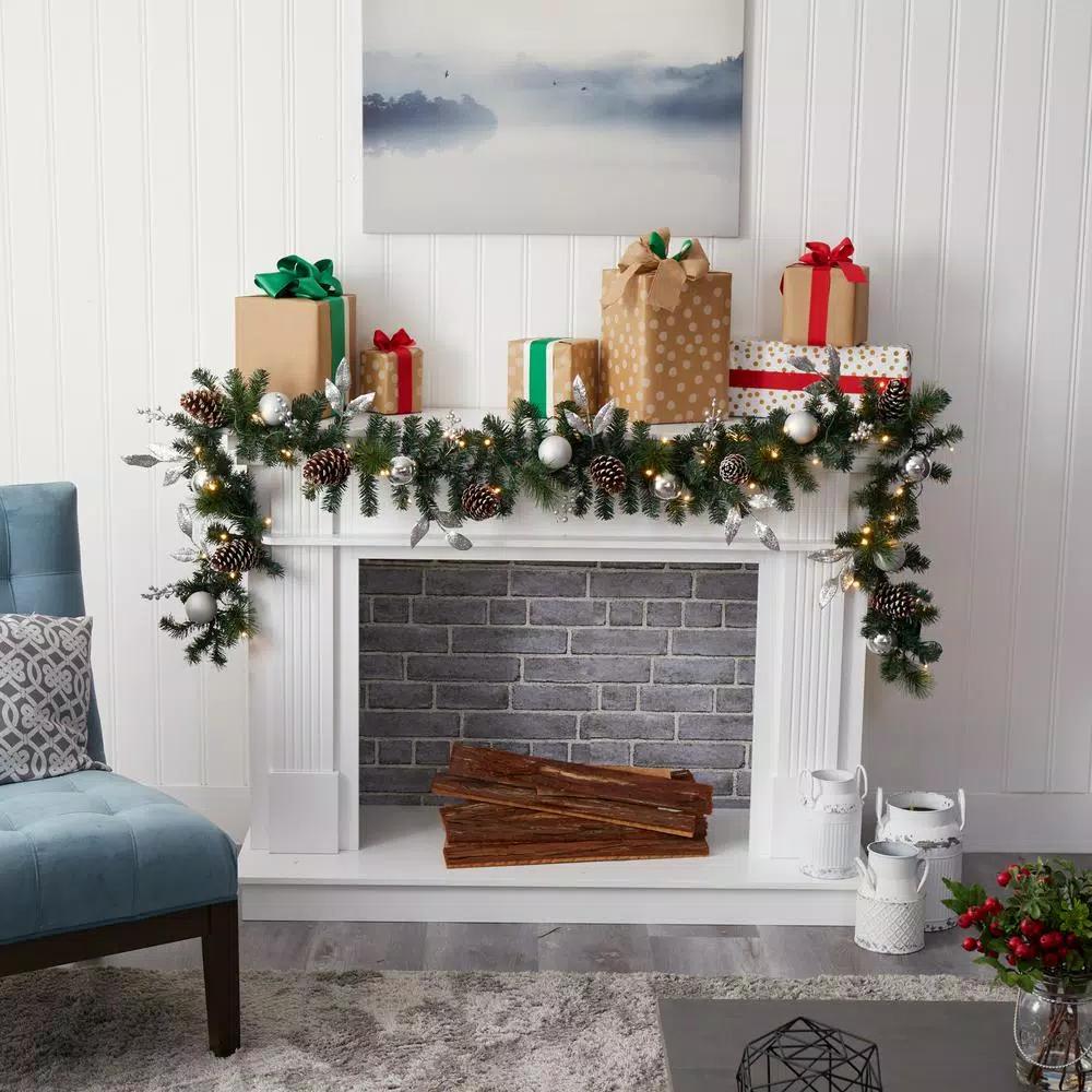 Nearly Natural 9 ft. Pre-lit Artificial Christmas Garland with Ornaments and Pinecones, 50 Clear LED Lights, Battery Operated