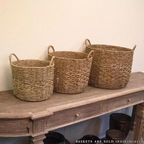 Zentique Handmade Round Woven Seagrass Wicker Basket with Handles, Brown