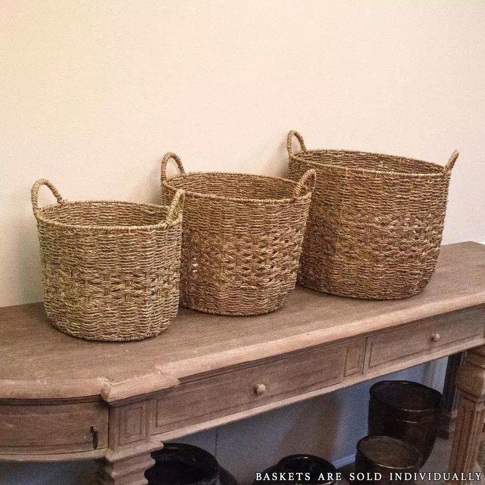 Zentique Handmade Round Woven Seagrass Wicker Basket with Handles, Brown