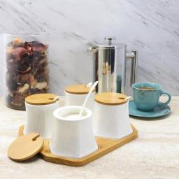 Elama Ceramic Condiment Jar Set with Bamboo Lids, Serving Spoons, and Tray - 13 Piece White Set thumbnail 3